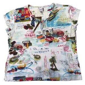 Chicos Womens V-Neck Graphic Print Cotton T-Shirt Size XL